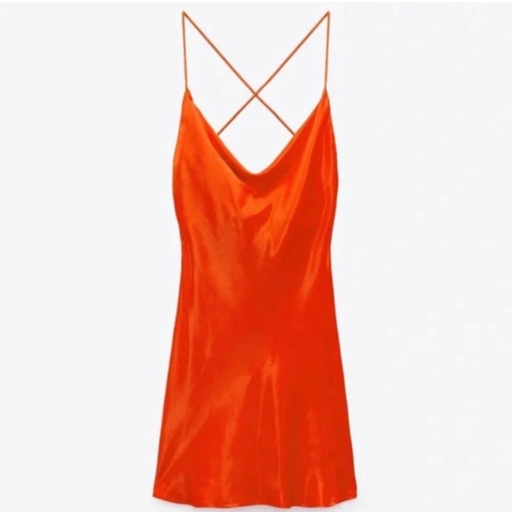 Zara red orange satin mini slip dress